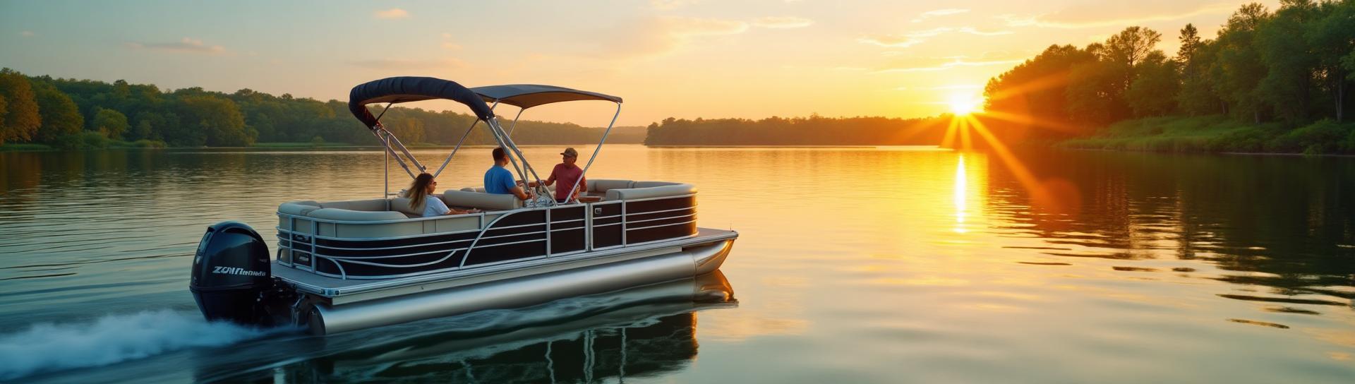 Beautiful pontoon boat cruising on a Texas lake at sunset